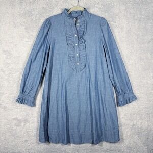 J. Crew Ruffle Front Chambray Dress Size S Blue Long Sleeve A Line Casual Cotton